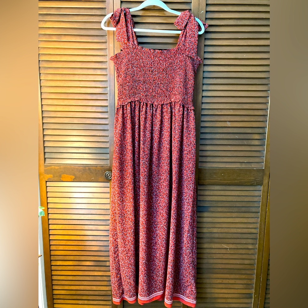 Max Studio Tie-Strap Smocked Maxi Dress - XL - Red, White, Light Blue